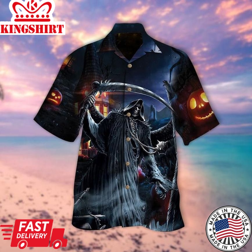 The Grim Reaper Halloween Trendy Hawaiian Shirt, Unisex Print Aloha Short Sleeve Casual Shirt