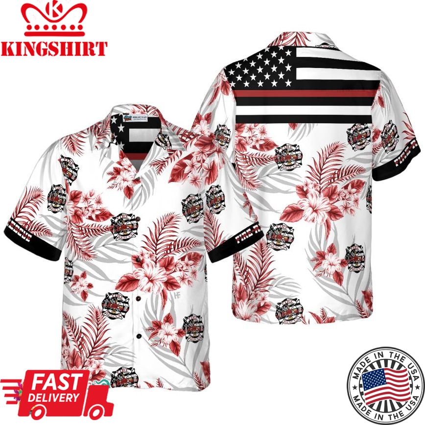 The Red Line Black American Flag Firefighter Hawaiian Shirt, Red Texas Bluebonnet Fire Dept Logo Firefighter Shirt For Men