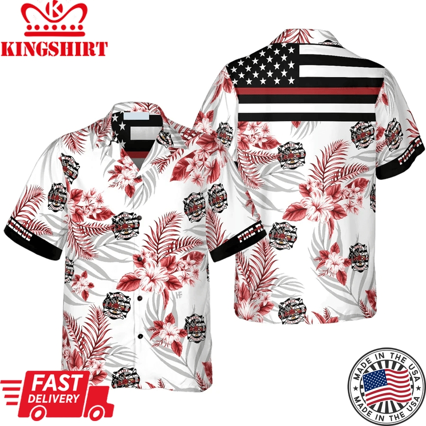 The Red Line Black American Flag Firefighter Trendy Hawaiian Shirt, Red Texas Bluebonnet Fire Dept Logo Firefighter Shirt For Men