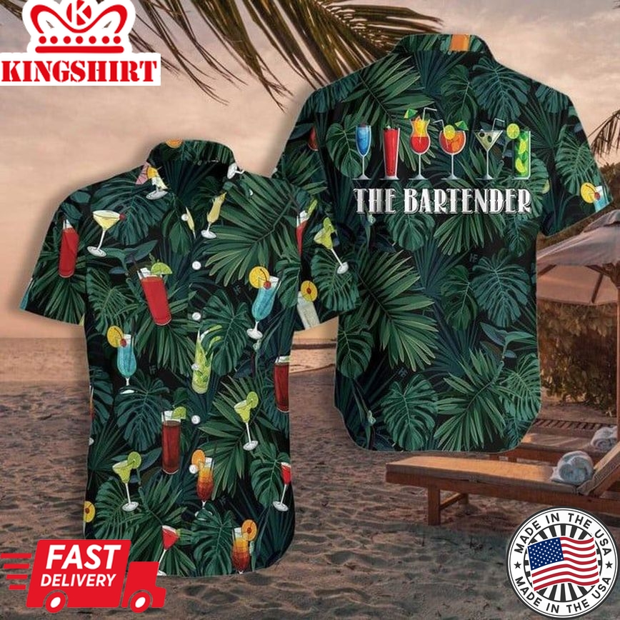 The Tropical Bartender Cocktails On Leaf Pattern Trendy Hawaiian Shirt, Summer Trendy Hawaiian Shirt For Men And Women