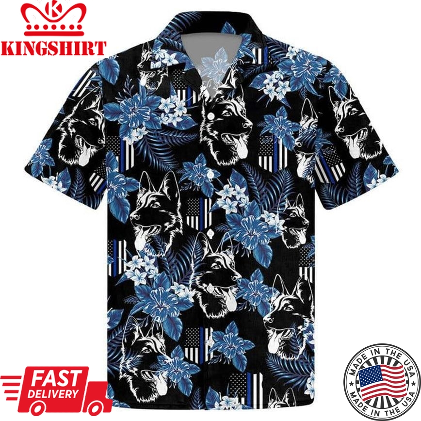 Thin Blue Line Trendy Hawaiian Shirt German Shepherd Police Seamless Pattern Trendy Hawaiian Shirt, Trendy Hawaiian Shirt For Men