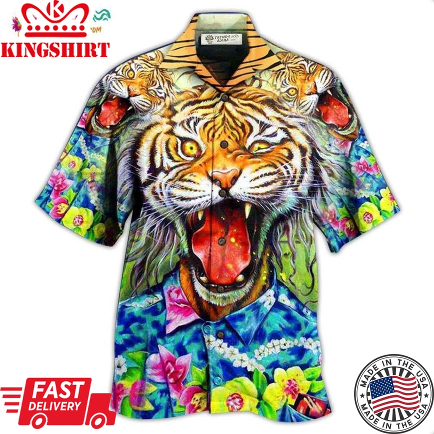 Tiger Awesome With Floral Hawaiian Shirt