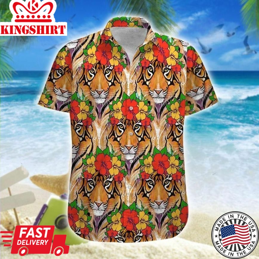 Tiger Hisbiscus Flowers Trendy Hawaiian Shirt