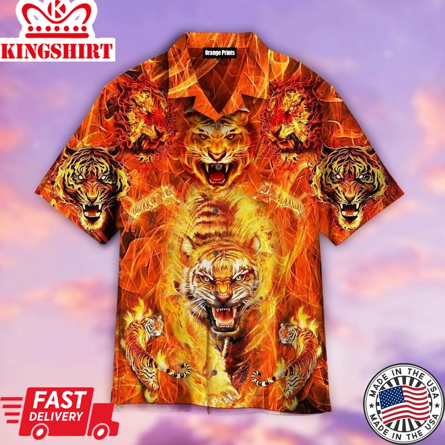 Tiger Playing With Fire Trendy Hawaiian Shirt For