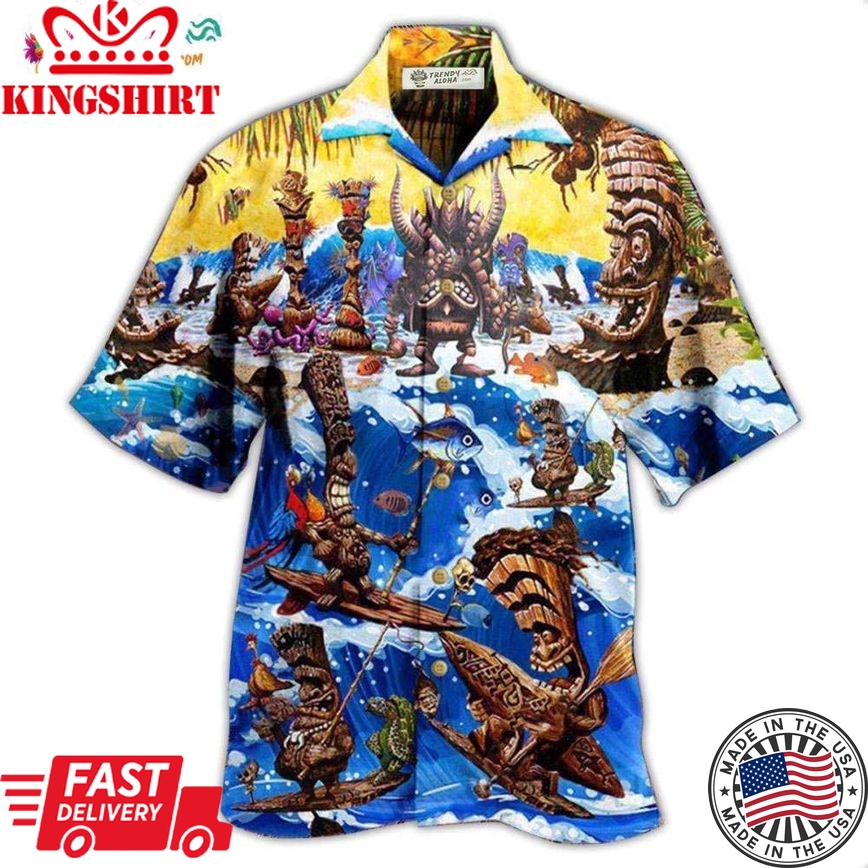 Tiki Happy Surfing Day With Tiki Bar Hawaiian Shirt