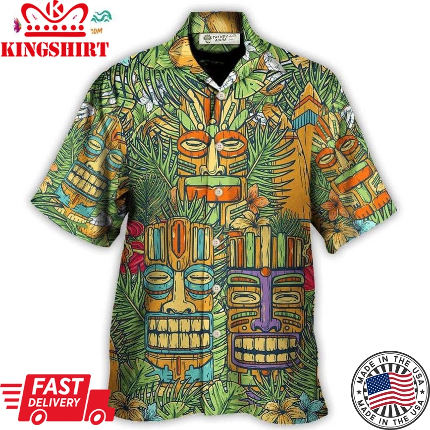 Tiki Mask Tropical Hawaii Sur Board And Palm Leaves Hawaiian Shirt