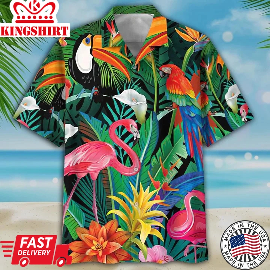 Toucan And Flamingo Ornamental Trendy Hawaiian Shirt, Flamingo Flower Hawaii Shirt