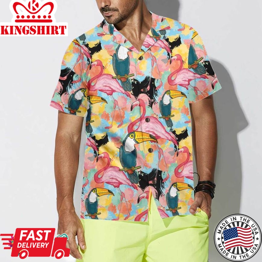 Toucans And Flamingos Exotic Floral Hawaiian Shirt, Tropical Toucan Shirt For Adults, Cool Toucan Print Shirt