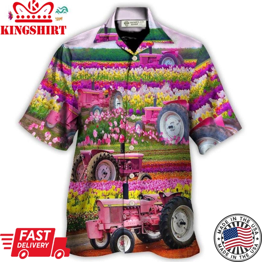 Tractor In Field Tulip Rural Landscape Majestically Hawaiian Shirt