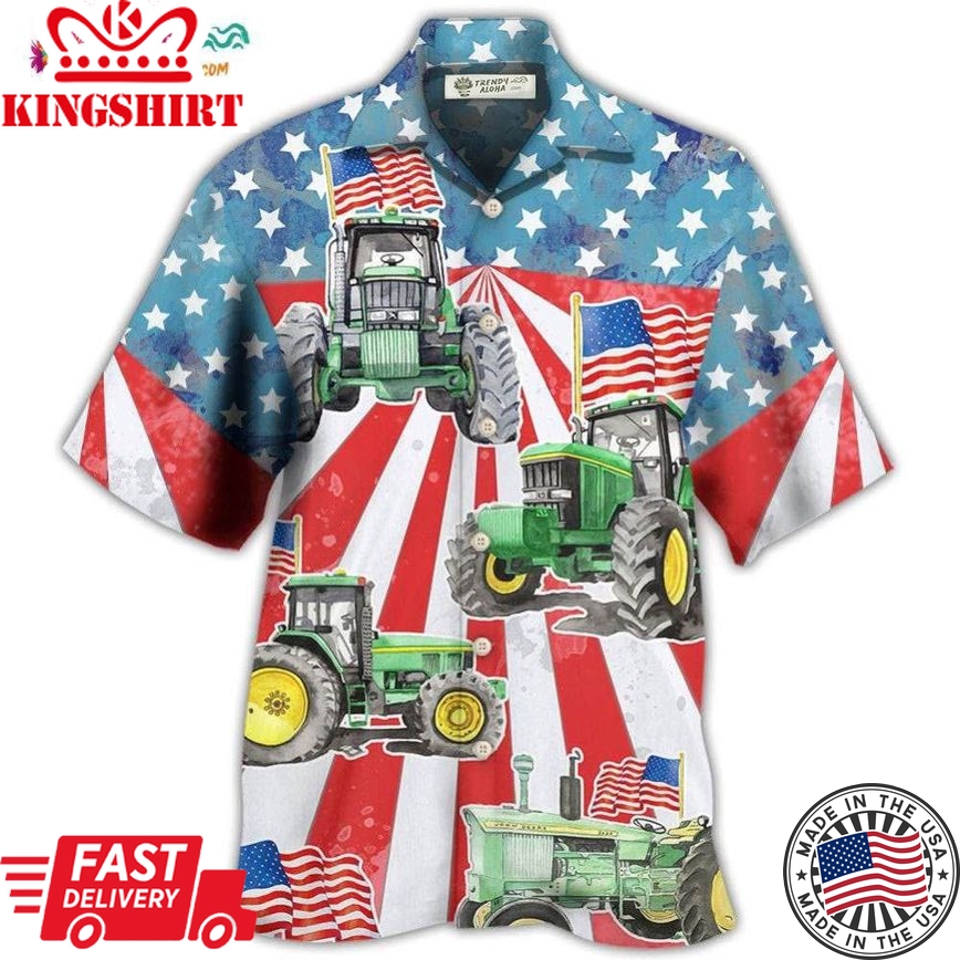 Tractor Independence Day Watercolor Tractor Us Flag Hawaiian Shirt