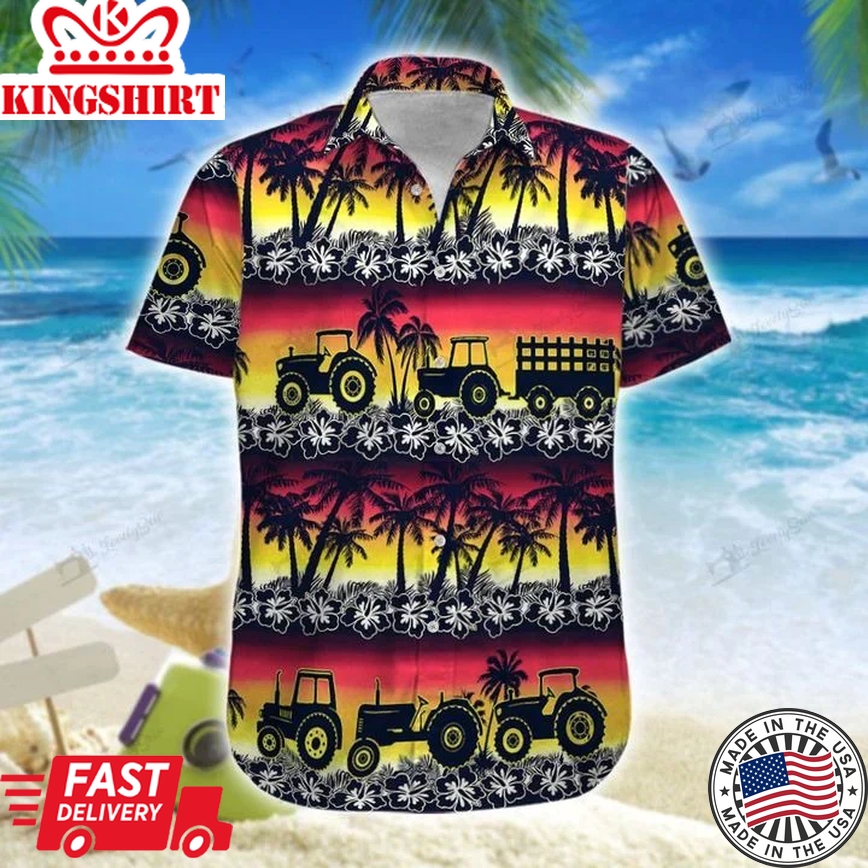 Tractor White Drawing All Printed 3D Short-Sleeve Trendy Hawaiian Shirt For Men, Women