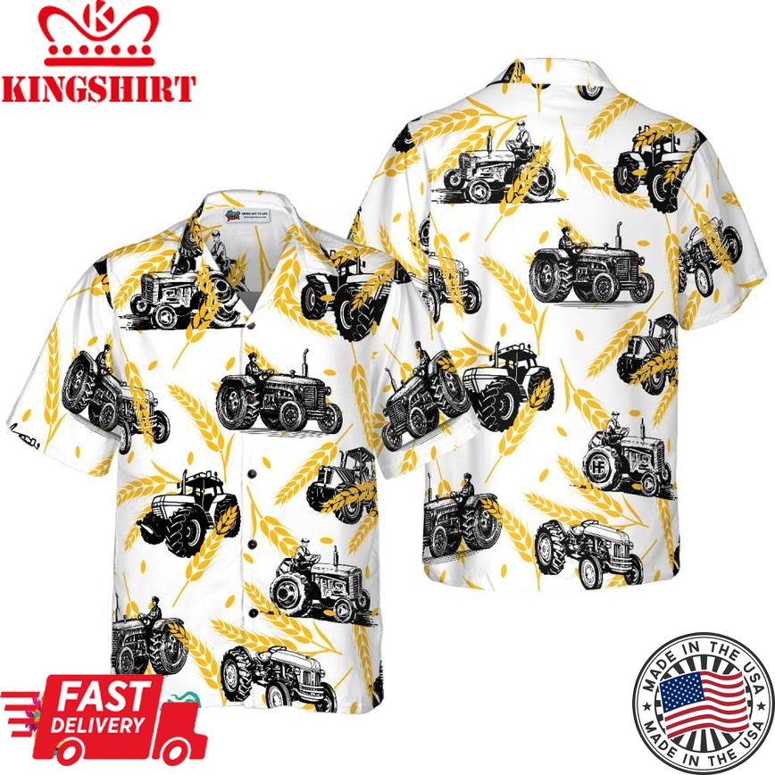 Tractors On Wheat Pattern Hawaiian Shirt