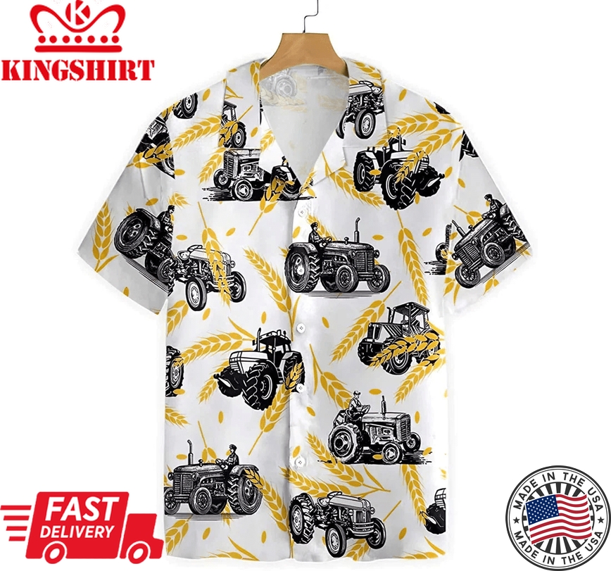 Tractors On Wheat Pattern Summer Clothes Trendy Hawaiian Shirt, Button Up Aloha Shirt For Men, Women