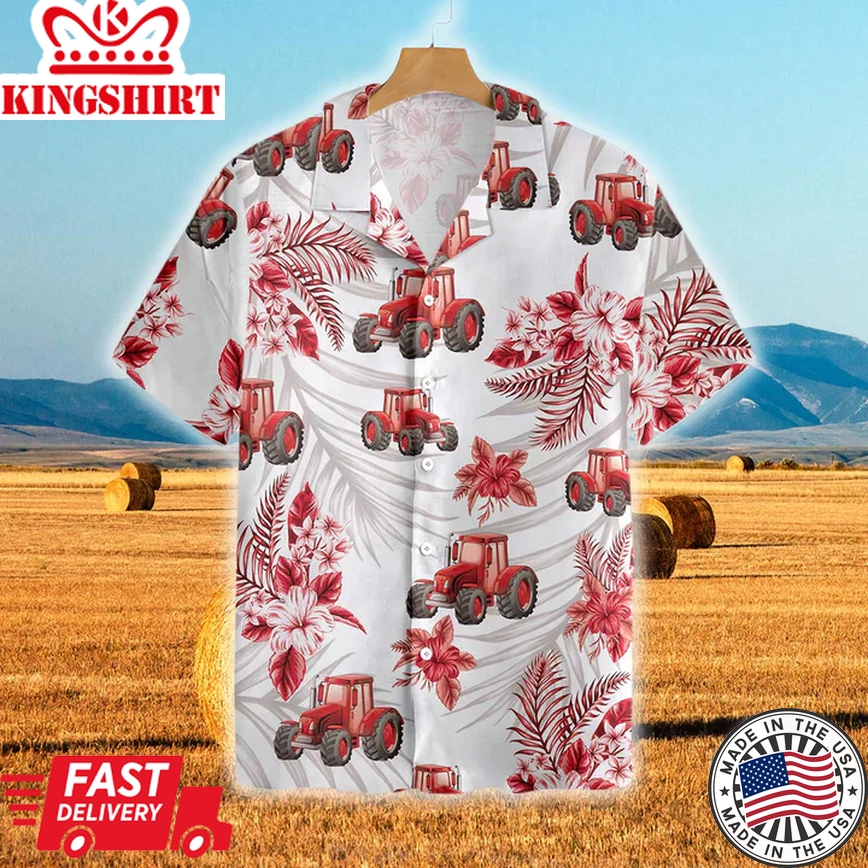 Tractors Red Hibiscus All Over Printed 3D Trendy Hawaiian Shirt, Trendy Hawaiian Shirt Gift For Men And Women