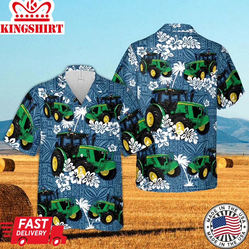 Tractors Tropical Leaves Blue 3D Trendy Hawaiian Shirt, Trendy Hawaiian Shirt Farm Lovers For Men And Woman Clothing For Summer