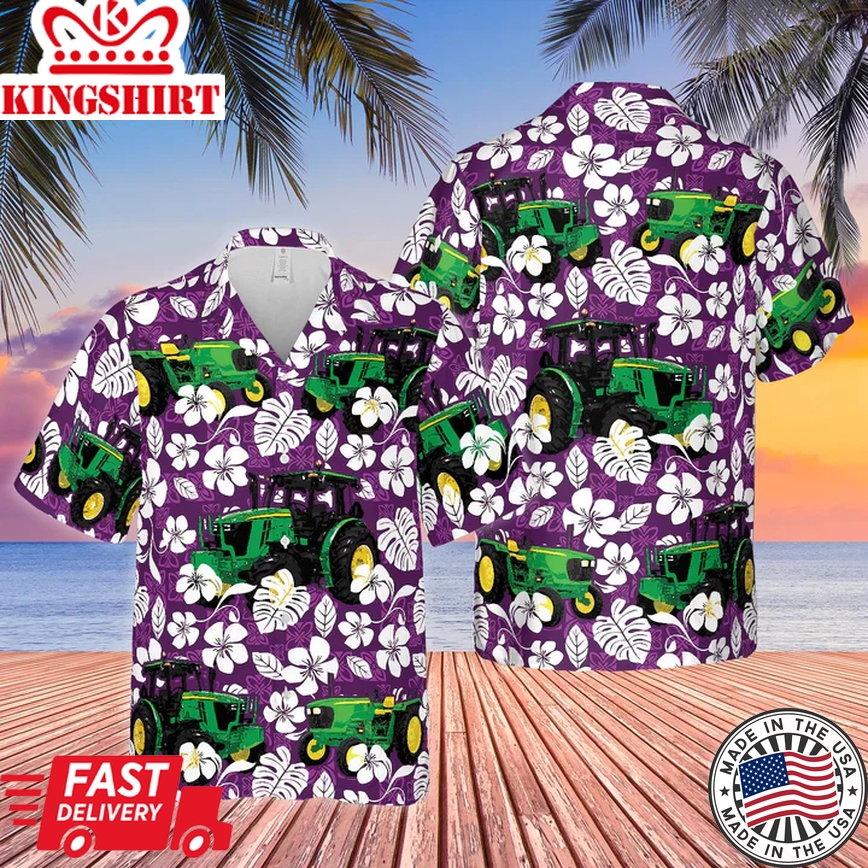 Tractors Tropical Plants Purple All Over Printed 3D Trendy Hawaiian Shirt, Trendy Hawaiian Shirt Gift For Men And Women