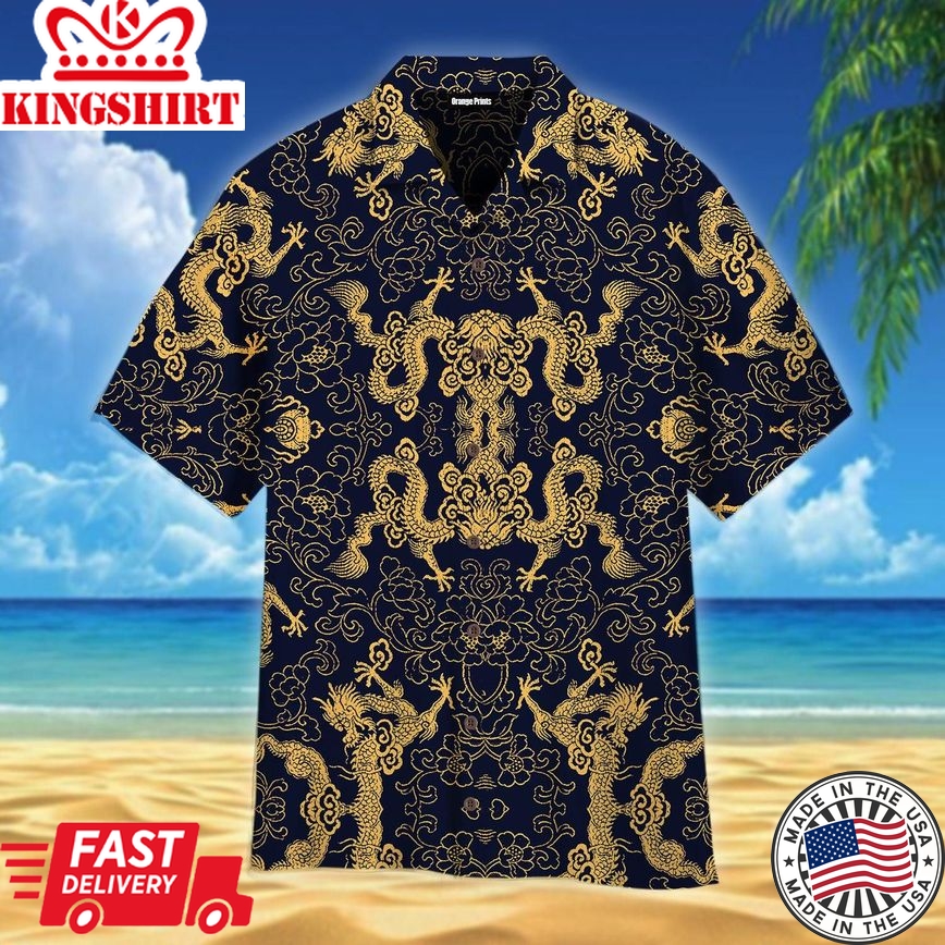 Traditional Golden Dragon Trendy Hawaiian Shirt For