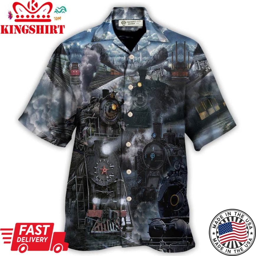 Train Emerging From A Cloud Of Steam In The Middle Night Hawaiian Shirt