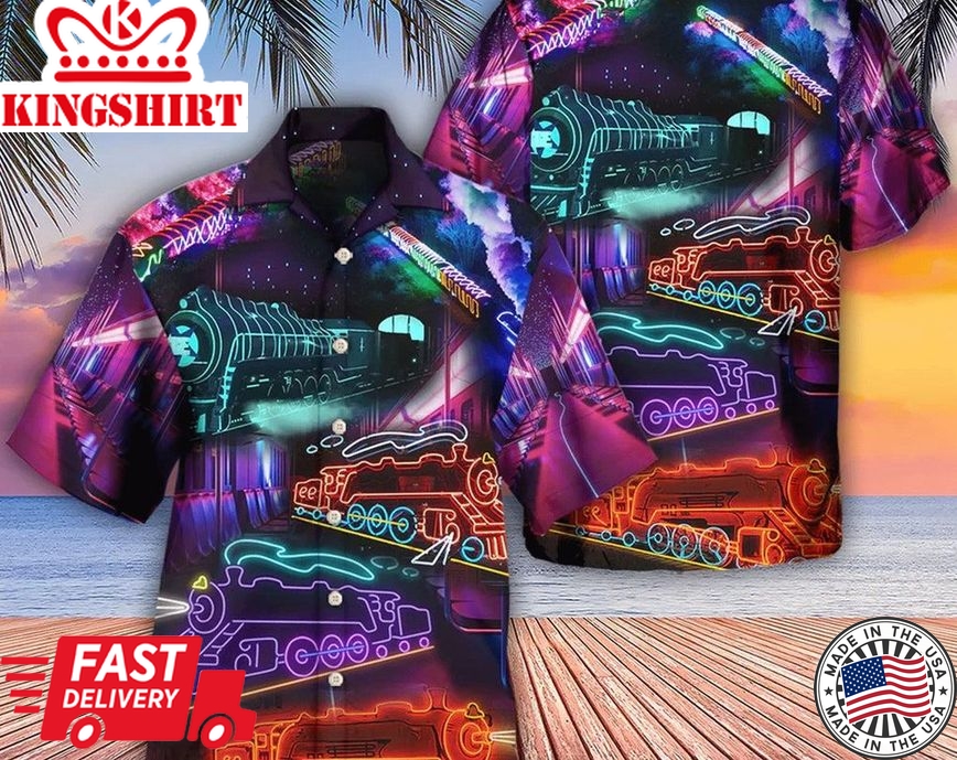 Train Neon Art Night Life, Hawaii Shirt Party Summer, Tropical Beach Shirt Button Down Shirt, Best Gifts For Men, Hawaiian Set Gift.