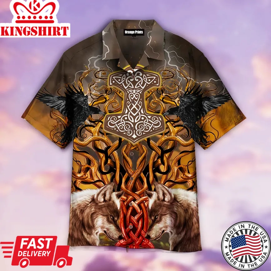 Tree Of Life Odins Raven Fenrir Mjolni Trendy Hawaiian Shirt For