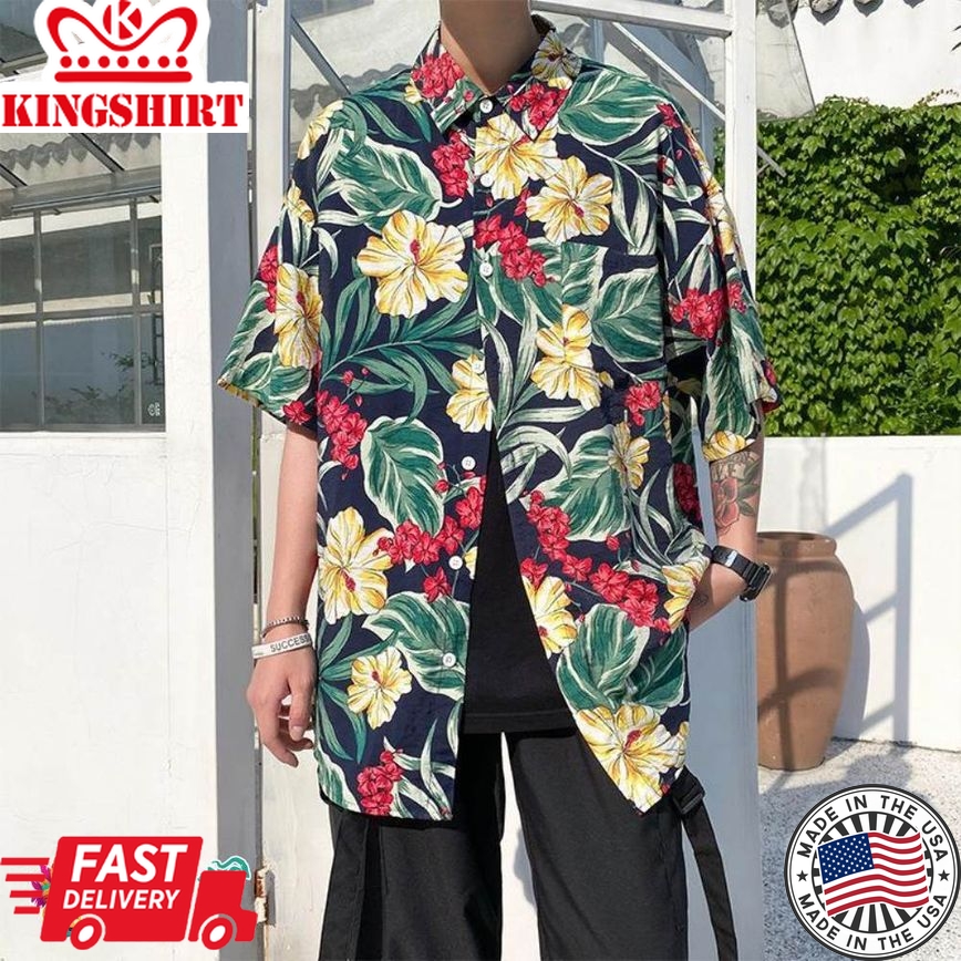 Trending Hawaiian Shirts Hawaiian Shirts Print Leaves And Flowers On Black Background Aloha Beach Shirts For Men