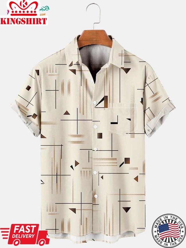 Trending Hawaiian Shirts Men's Geometric Basic Line With Chest Pocket Casual Short Sleeve Hawaiian Shirt