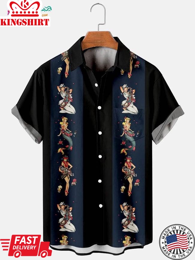 Trending Hawaiian Shirts Men's Retro Girls Mermaids Bowling Print Shirt