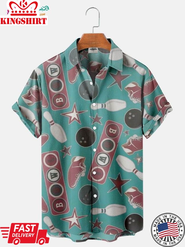 Trending Hawaiian Shirts Men's Vintage Bowling Geometric Print Regular Sleeve Shirt