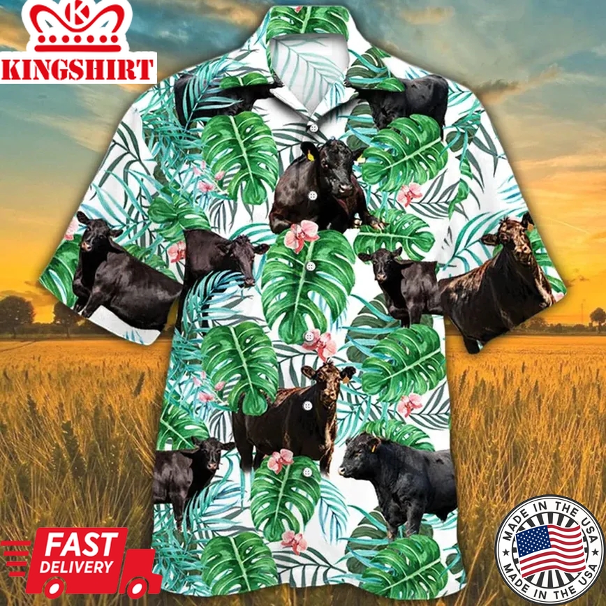 Trendy Hawaiian Shirt For Men, Black Angus Cattle Lovers Tropical Plant Trendy Hawaiian Shirt, Cow Summer Trendy Hawaiian Shirt