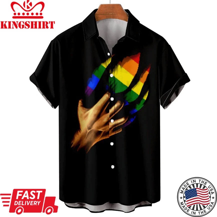 Trendy Hawaiian Shirt Rainbow Graphic Prints Turndown Collar Black Red Rainbow Street Casual Short Sleeves Button-Down Printed Clothing, Tropical Hawaiian Fashion