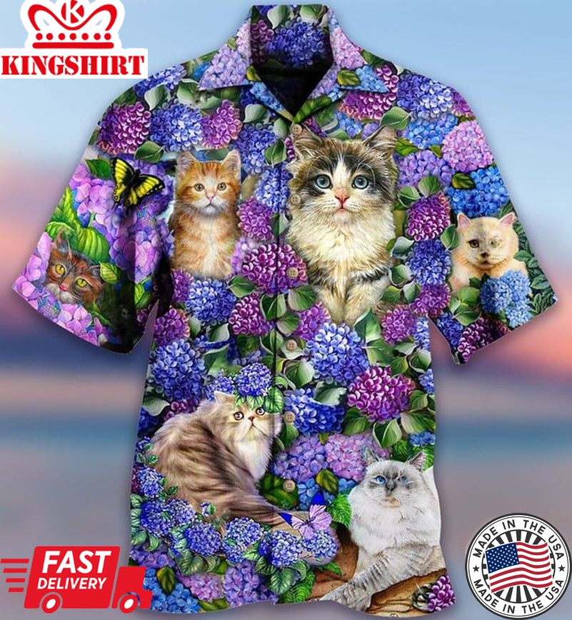 Trendy Hawaiian Shirt With Lovely And Purple Flowers, Cat Lovers Trendy Hawaiian Shirt, New Trendy Hawaiian Shirt Hot 2023