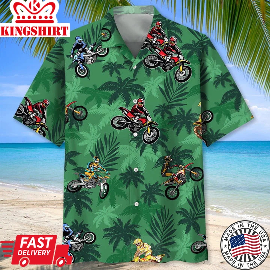 Trendy Short-Sleeved Trendy Hawaiian Shirt: Motocross Green Tropical Print for Vacations