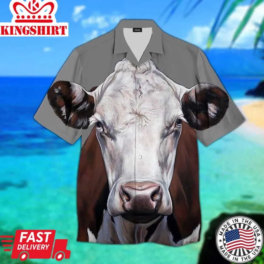 Tropical 3D Cow Face Trendy Hawaiian Shirt, Cow Trendy Hawaiian Shirt For Summer Gifts