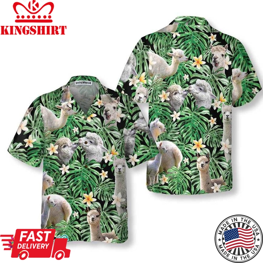 Tropical Alpaca Pattern Hawaiian Shirt, Funny Alpaca Print Shirt For Men & Women