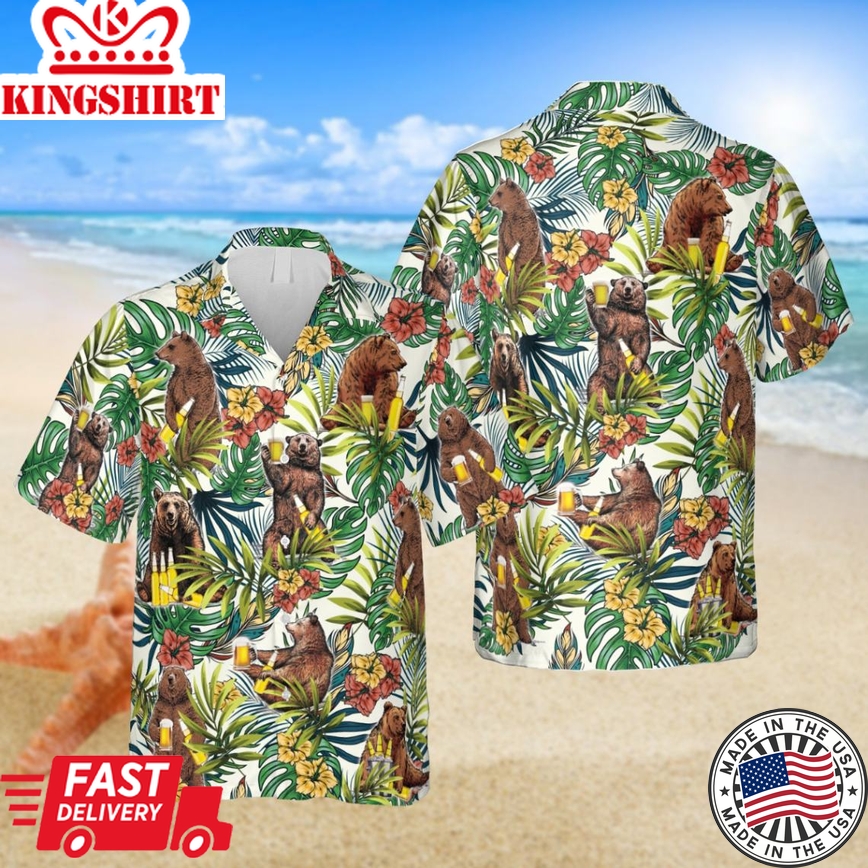 Tropical Bear Drinks Beer Trendy Hawaiian Shirt, Gift For Camping Lovers