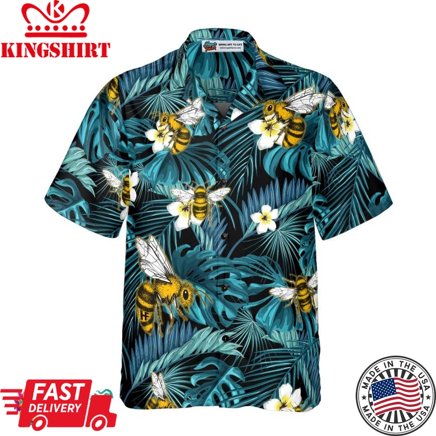 Tropical Blue Leaves & Bees Hawaiian Shirt