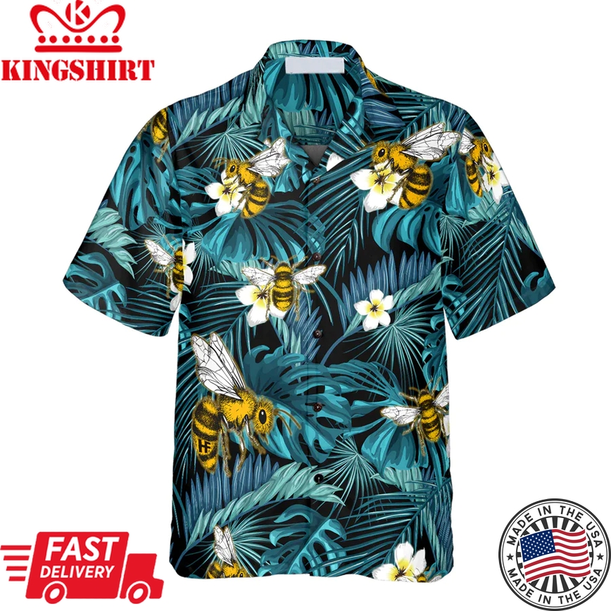 Tropical Blue Leaves & Bees Trendy Hawaiian Shirt