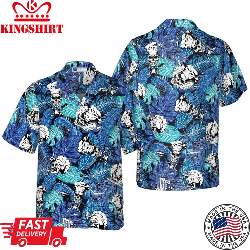 Tropical Blue Leaves Chef Hawaiian Shirt