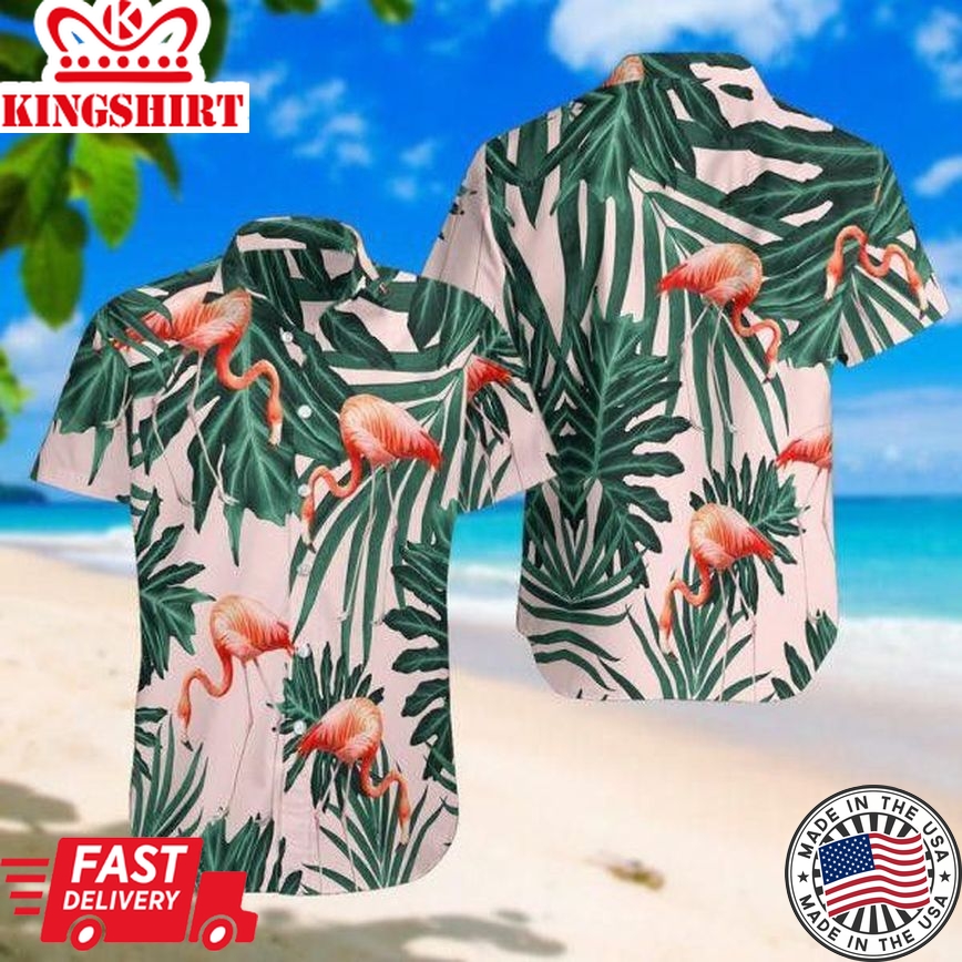 Tropical Flamingo Trendy Hawaiian Shirt, Flamingo Short Sleeve Hawaiian Aloha Shirt, Flamingo Trendy Hawaiian Shirt For Men, Women