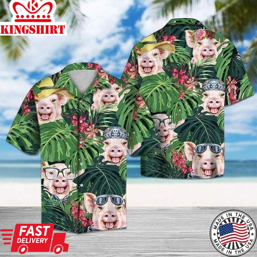 Tropical Flower And Cute Pig Trendy Hawaiian Shirt