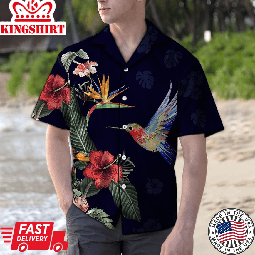 Tropical Flower Hummingbird H227049 Trendy Hawaiian Shirt, Unisex Print Aloha Short Sleeve Casual Shirt Summer Gifts