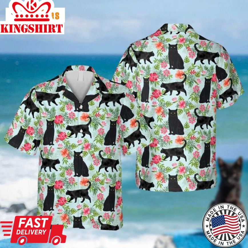 Tropical Flowers Black Cat Trendy Hawaiian Shirt Perfect Gifts For Your Loved Ones