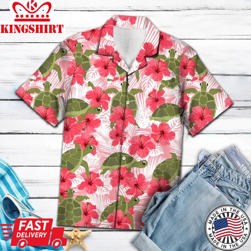 Tropical Flowers Hibiscus Turtle Trendy Hawaiian Shirt, Turtle Lover Trendy Hawaiian Shirt For