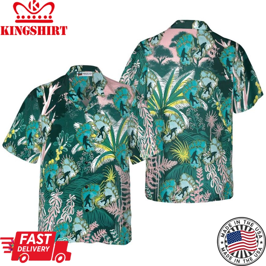 Tropical Forest Bigfoot Hawaiian Shirt, Tropical Floral And Leaves Bigfoot Shirt For Men