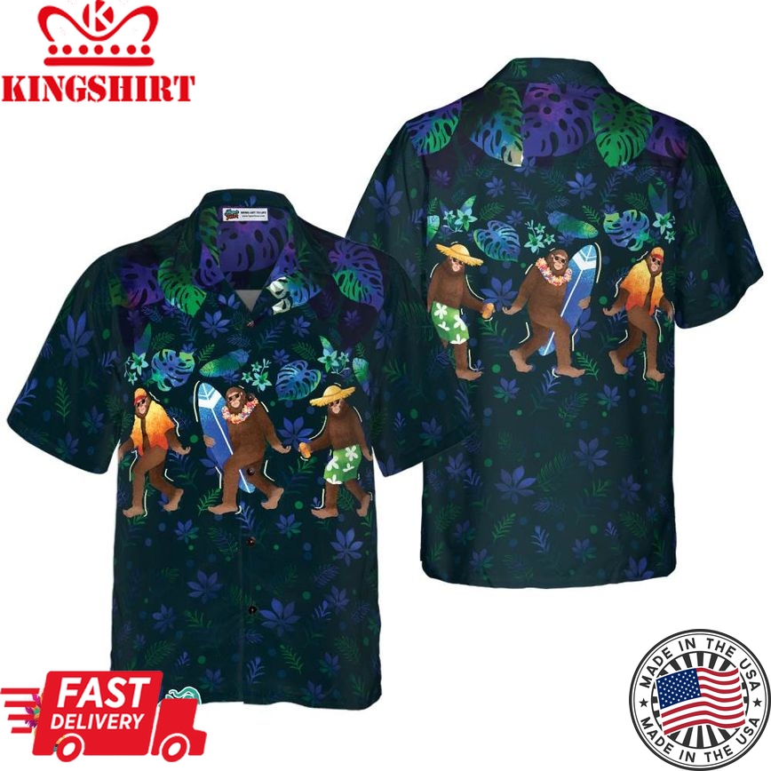 Tropical Funny Beach Bigfoot Hawaiian Shirts For Men, Blue Sasquatch Shirts