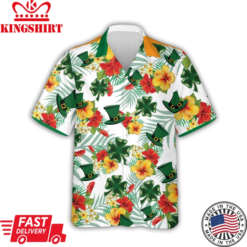 Tropical Hibiscus St Patrick's Day Trendy Hawaiian Shirt Irish Shamrock 3D