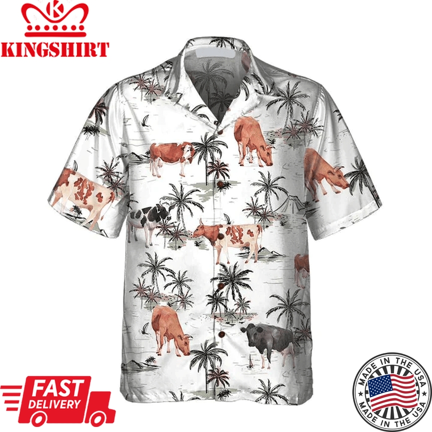 Tropical Island And Cows Pattern All Printed 3D Trendy Hawaiian Shirt