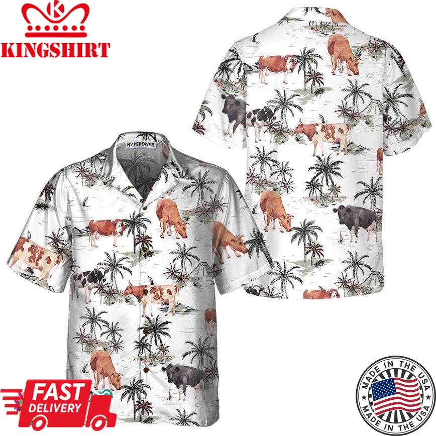 Tropical Island And Cows Pattern Cow Hawaiian Shirt, Tropical Cow Shirt For Men And Women, Cow Print Shirt