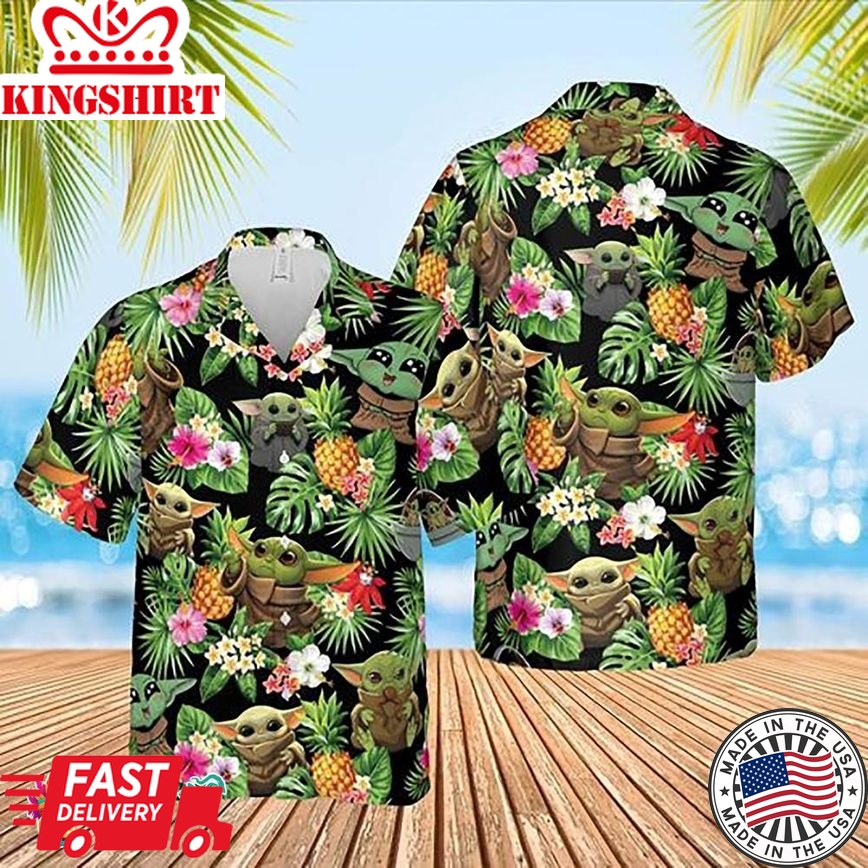 Tropical Leaves Star Wars Baby Yoda Summer Holiday Family Aloha Hawaiian Beach Shirt