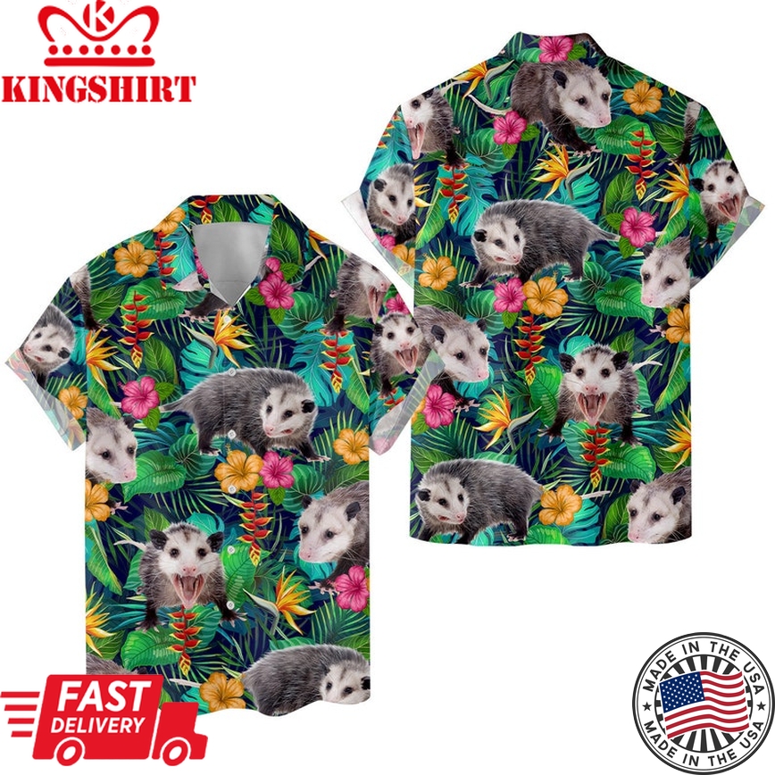 Tropical Opossum Trendy Hawaiian Shirt For Men Women, Animal Casual Men Trendy Hawaiian Shirt Button Down Short Sleeve, Opossum Lovers